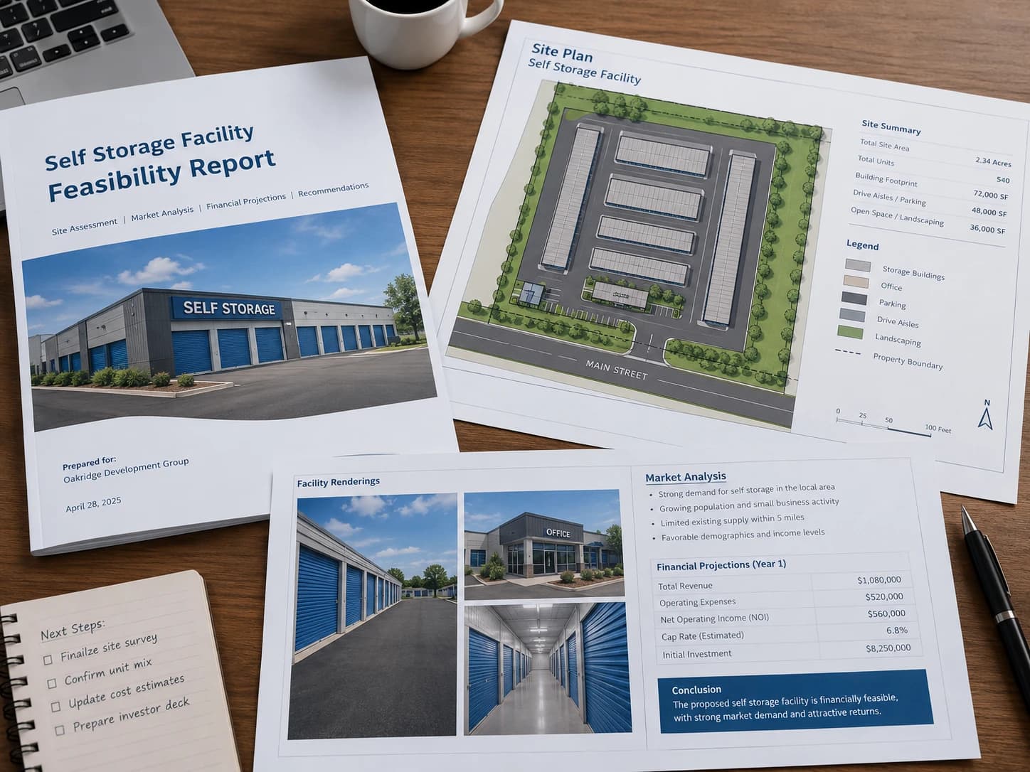 A self storage feasibility report, site plan and financial projections spread across a desk